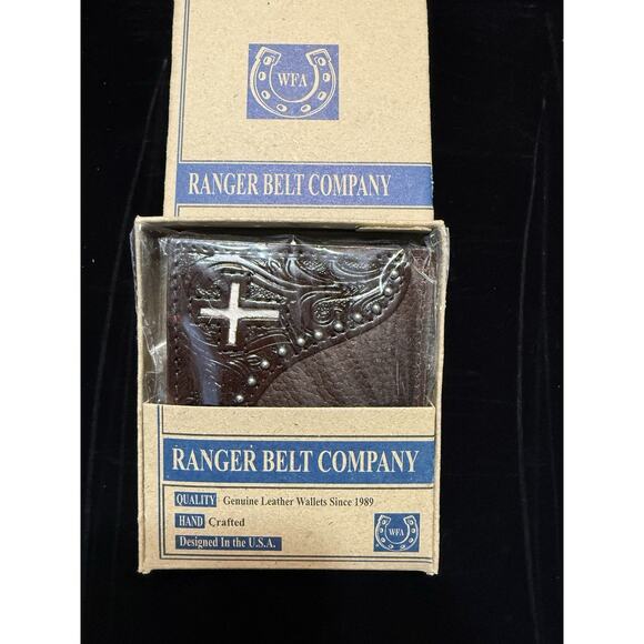 Ranger Belt Co Dark Brown Leather Bifold Wallet with Cowhide Inlay & Cross – NWT - Picture 2 of 14